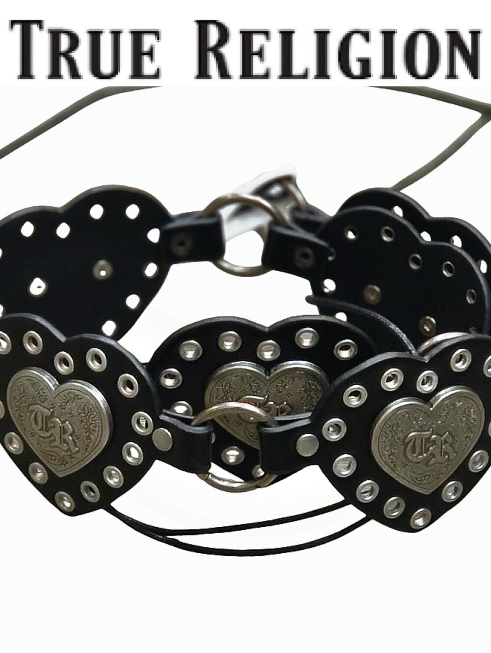 True Religion Logo Heart-Link Studded Belt- Black